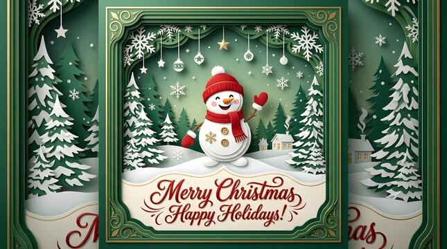 Happy snowman with red scarf in a snowy forest for merry christmas and happy holidays greeting