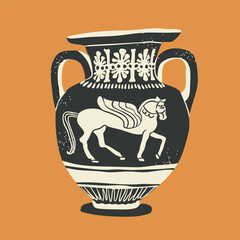 Fototapeta na wymiar Old Amphora, vessel, vase. Unique shape, ancient pegasus ornament, mythology scene. Traditional mediterranean ceramic, clay work. Hand drawn Vector illustration. Isolated design element