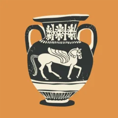 Old Amphora, vessel, vase. Unique shape, ancient pegasus ornament, mythology scene. Traditional mediterranean ceramic, clay work. Hand drawn Vector illustration. Isolated design element © Dariia