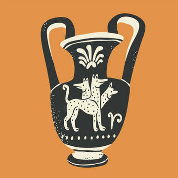 Old Amphora, vessel, vase. Unique shape, ancient dog Cerberus ornament, mythology scene. Traditional mediterranean ceramic, clay work. Hand drawn Vector illustration. Isolated design element
