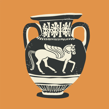 Old Amphora, vessel, vase. Unique shape, ancient pegasus ornament, mythology scene. Traditional mediterranean ceramic, clay work. Hand drawn Vector illustration. Isolated design element