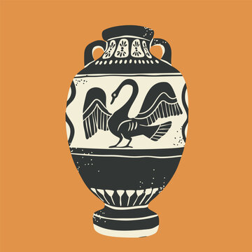 Old Amphora, vessel, vase. Unique shape, ancient bird ornament, mythology scene. Traditional mediterranean ceramic, clay work. Hand drawn Vector illustration. Isolated design element