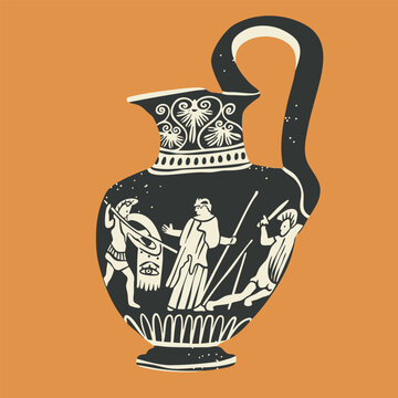 Old Amphora, vessel, vase. Unique shape, ancient ornament, mythology scene. Traditional mediterranean ceramic, clay work. Hand drawn Vector illustration. Isolated design element