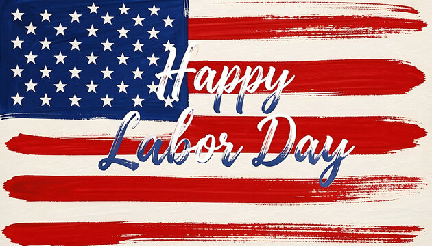 A patriotic greeting card with "Happy Labor Day" text styled over a watercolor brush stroke USA flag background, created with generative ai.
