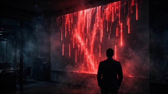 Man silhouette watching red digital waterfall display