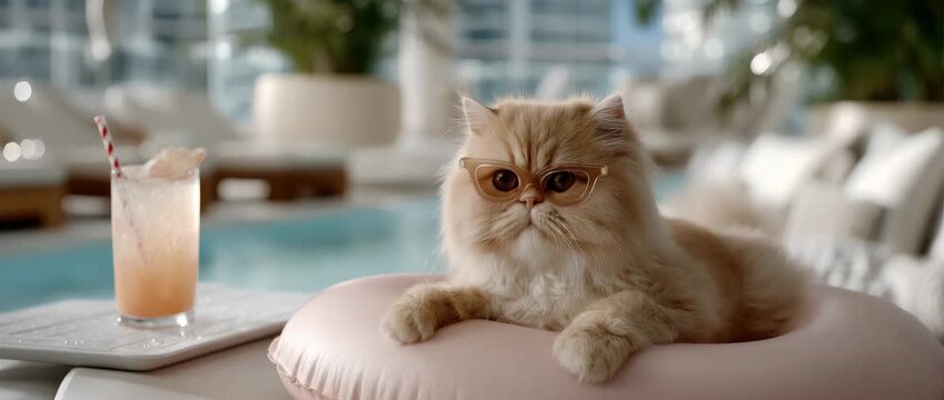 Persian cat relaxes by the poolside with sunglasses and a drink during a sunny afternoon