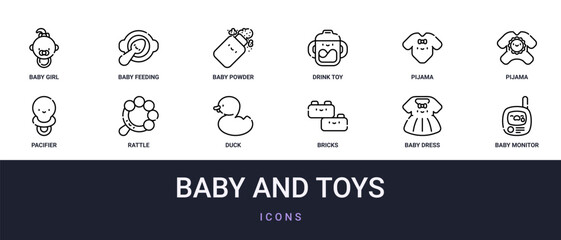 Fototapeta premium Set of 12 outline web Baby and Toys icons such as baby monitor, baby dress, bricks, duck, rattle, pacifier, pijama vector icons for report, presentation, diagram, web design, mobile app