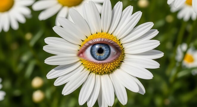 A surreal close-up of a white flower with a human eye at its center, set against a blurred background of lush greenery and similar flowers