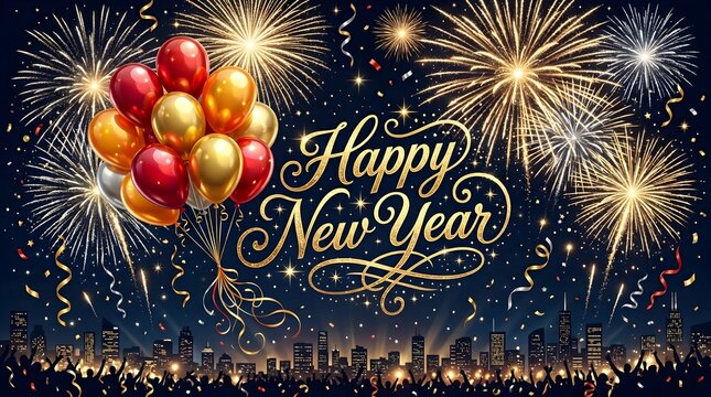 Happy new year greeting with colorful balloons and bright fireworks display at night