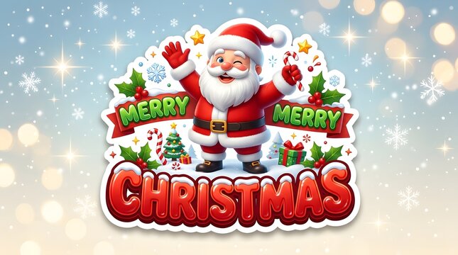 Cute cartoon santa claus waving with merry christmas text banner for holiday celebration greeting