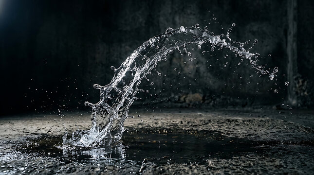 A dramatic arc of frozen water splashes dynamically across a dark, textured puddle, capturing ephemeral liquid motion.