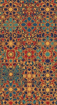 A vibrant and intricate geometric pattern with symmetrical shapes in shades of blue, red, orange, and yellow