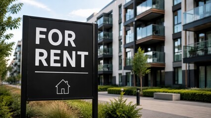 Fototapeta premium A large black FOR RENT sign with a simple house icon stands in front of a modern multi-story apartment building complex surrounded by lush green urban landscaping