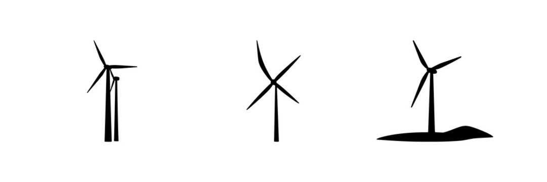 Wind turbine set with solid black silhouette on white background featuring renewable energy icon, sharp geometric lines, line art with vertical axis and wind power