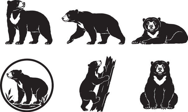 Sun Bear Silhouette Icon Set Black Vector Tropical Bear Wildlife Collection Isolated on White Background