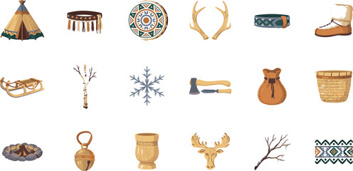 Indigenous sami culture vector elements set with tipi tent deer antlers drum sled and ornamentsIndigenous sami culture vector elements set with tipi tent deer antlers drum sled and ornaments © MstRahima