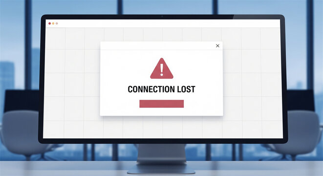 Connection lost error message on computer monitor, network offline warning on desktop screen in modern office, system failure concept