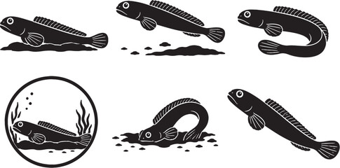 Engineer Goby Silhouette Icon Set Black Vector Reef Fish Collection © Bui