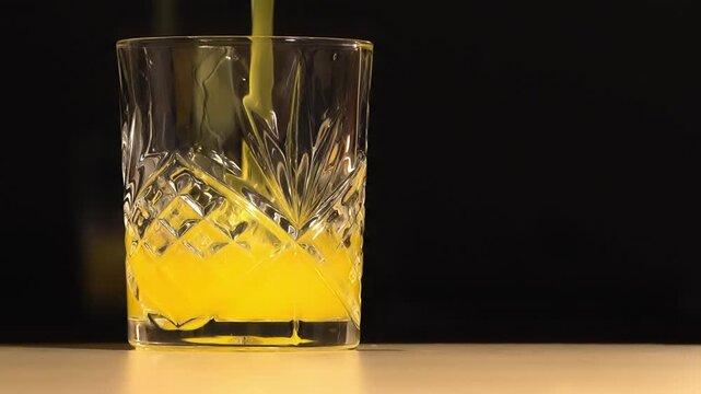 Pouring Fresh Orange Juice into a Cut Crystal Glass Tumbler on a Wooden Table with Black Background