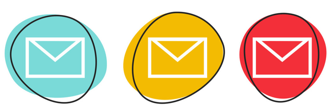 Button Banner Set mit 3 bunten Buttons: Brief, Umschlag oder Newsletter Symbol
