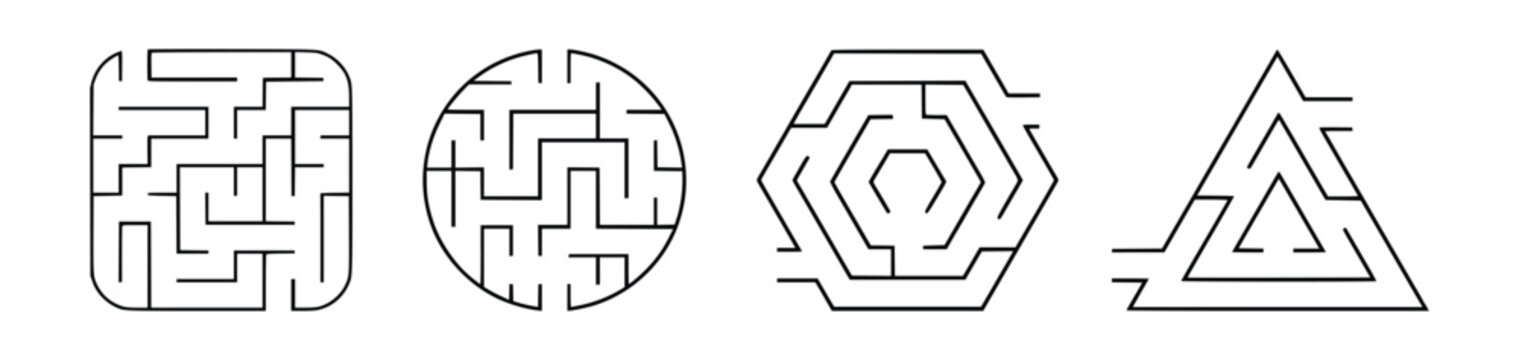 Abstract Geometric Maze Icon Set - Square, Circle, Hexagon and Triangle Labyrinth Line Art, Modern Minimal Vector Collection