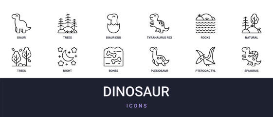Set of 12 outline web Dinosaur icons such as spiaurus, pterodactyl, plesiosaur, bones, night, trees, natural vector icons for report, presentation, diagram, web design, mobile app © Munis