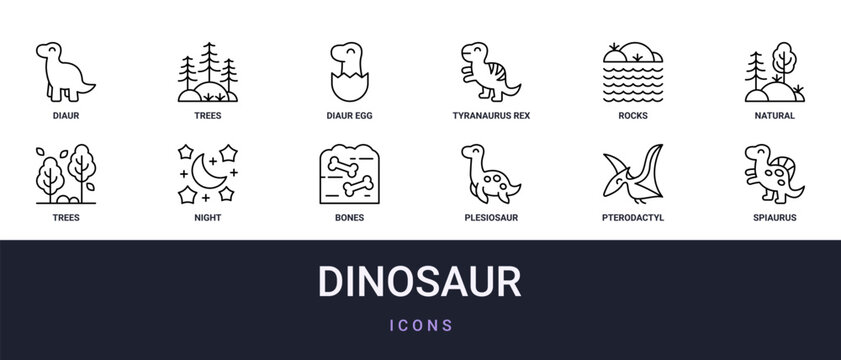 Set of 12 outline web Dinosaur icons such as spiaurus, pterodactyl, plesiosaur, bones, night, trees, natural vector icons for report, presentation, diagram, web design, mobile app