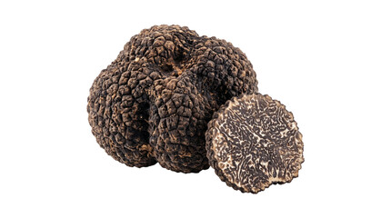 Black truffle mushroom with sliced cross section gourmet food ingredient isolated on transparent background png. © Isolated_png