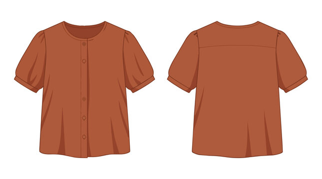 Terracotta puff sleeve blouse front and back view fashion illustration for garment design and apparel template