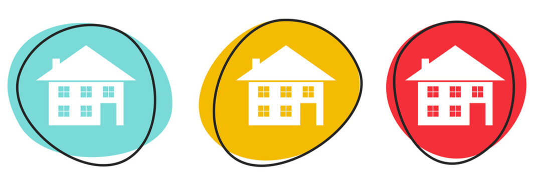 Button Banner Set mit 3 bunten Buttons: Haus oder Immobilien Symbol