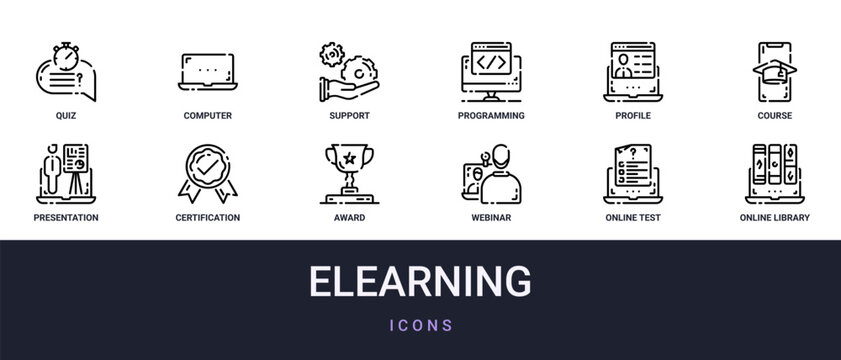 Set of 12 outline web Elearning icons such as online library, online test, webinar, award, certification, presentation, course vector icons for report, presentation, diagram, web design, mobile app