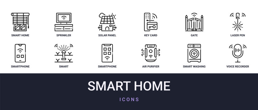 Set of 12 outline web Smart Home icons such as voice recorder, smart washing hine, air purifier, smartphone, smart, smartphone, laser pen vector icons for report, presentation, diagram, web design,