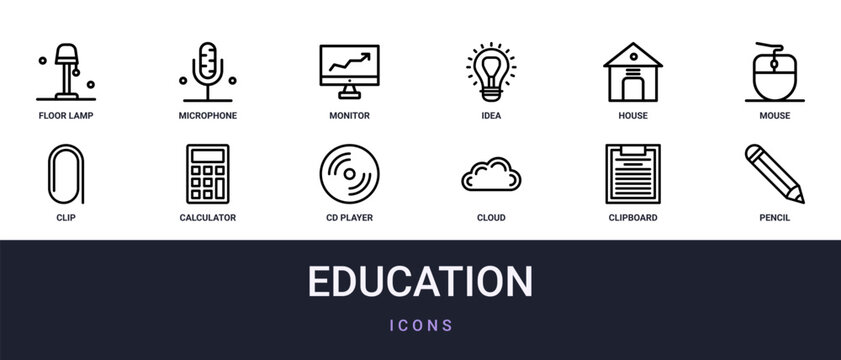 Set of 12 outline web Education icons such as pencil, clipboard, cloud, cd player, calculator, clip, mouse vector icons for report, presentation, diagram, web design, mobile app