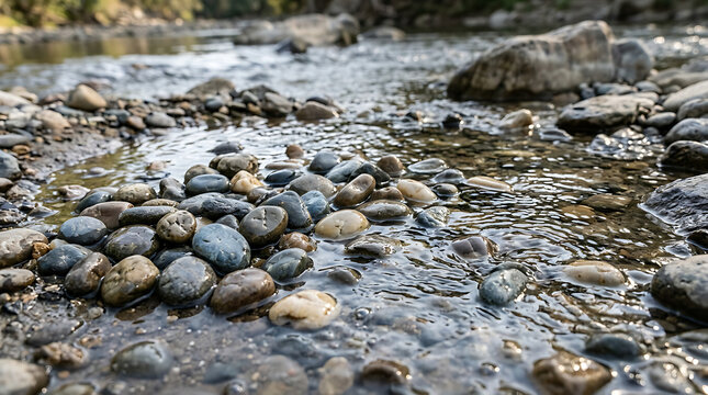 Smooth pebbles resting in shallow, flowing river water with gentle ripples and natural light reflections