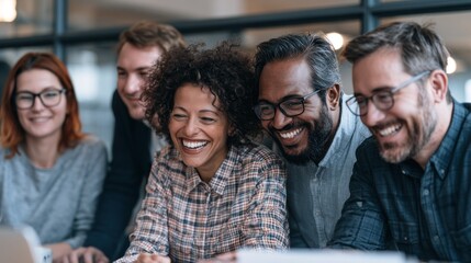 Obraz premium A diverse group of people, including a woman with curly hair and a man with a beard, are gathered around a laptop in a modern office setting, smiling and laughing together.