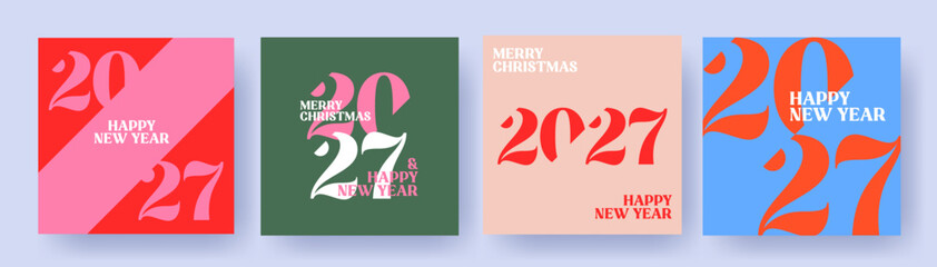 Fototapeta premium Collection of 2027 Happy New Year card, cover, poster. Set of 2027 Happy New Year logo text design. 2027 number design template. Vector illustration with labels isolated on colorful background.