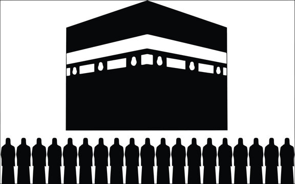 A minimalist black and white vector illustration of the Kaaba in Mecca with a row of people standing in front