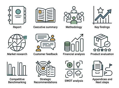 a set of line icons related to business reports