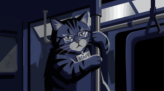 Grumpy Tabby Cat Wearing Glasses and Staff Badge, Holding Onto Pole Inside Dark Subway Train, Flat Vector Illustration