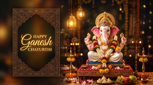 A vibrantly colored idol of lord ganesha sits on a decorative base illuminated by soft warm lights celebrating ganesh chaturthi with festive cheer