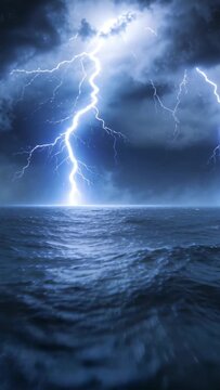 Vertical video: Storm clouds sending forked lightning to horizon over sea at night, lighting waves