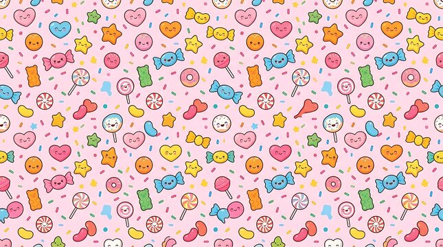 Kawaii candy and sweets seamless pattern on pink background
