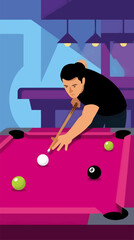 Man in Black Shirt Playing Pool, Aiming Cue Ball on Pink Felt Table in Dimly Lit Bar, Focus on Game and Concentration, Flat Vector Illustration © Rahmatstudio