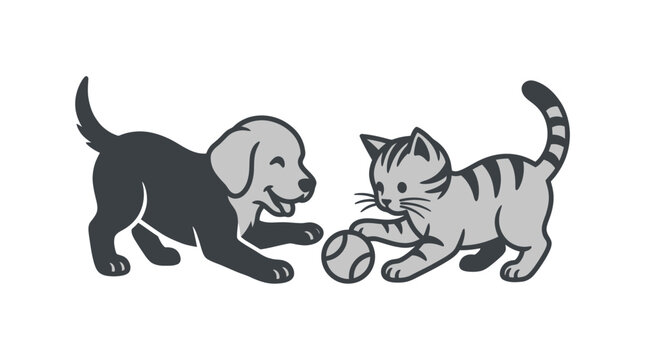 Dog and cat playing with ball.