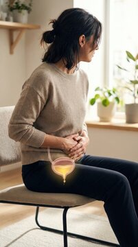 Bladder function disorder: urinary urgency, control loss, involuntary leakage, discomfort feeling, micturition difficulty, pelvic health, body process, female concern.