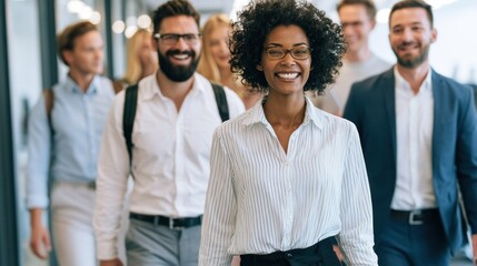 Obraz premium A diverse group of business professionals walking in a hallway, with a woman in the foreground leading the way.