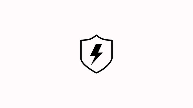 Animated lightning high voltage and shield icon on white background. Lightning bolt and shield icon animation with renewable electricity symbol and sustainable charging element concept