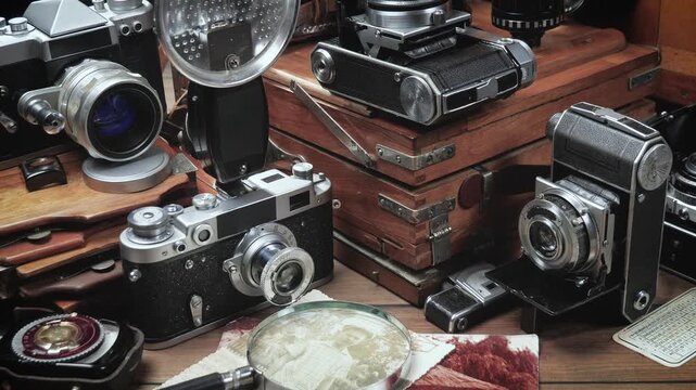 Old cameras in a composition on a wooden background, slowly moving in a horizontal plane.