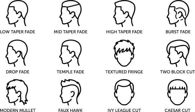 Men Haircut Styles and Fade Guide Icon Set Featuring Taper Fade Burst Fade Mullet Faux Hawk and Caesar Cut for Barbershop Signage Designs