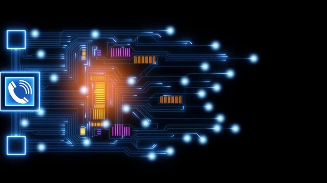 Smartphone SIM card on circuit board with call icon, Futuristic circuit board design in neon blue, captured from a side angle. The video style emphasizes technology and innovation. 4k motion video.